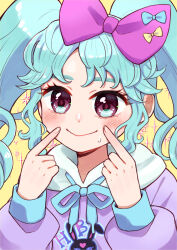 Rule 34 | 1girl, blue hair, blue ribbon, blush, bow, closed mouth, fingers to cheeks, hair bow, hands up, hood, hoodie, idol land pripara, index fingers raised, jinno (jin c kkry), katasumi amari, long hair, long sleeves, looking at viewer, nervous smile, pink bow, pretty series, pripara, purple eyes, purple hoodie, ribbon, smile, solo, sweater, twintails, upper body, yellow background
