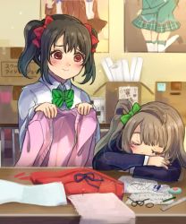 Rule 34 | 10s, 2girls, beniko08, black hair, blush, bow, bowtie, box, cardigan, closed eyes, collared shirt, commentary request, drawing, eraser, green bow, green bowtie, grey hair, hair bow, highres, holding, holding clothes, long sleeves, looking at another, love live!, love live! school idol project, minami kotori, multiple girls, pencil, poster (object), red bow, red eyes, ribbon, ruler, school uniform, shirt, side ponytail, sleeping, smile, striped bow, striped bowtie, striped clothes, striped neckwear, table, tape measure, twintails, white shirt, yazawa nico