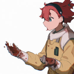 Rule 34 | 1girl, aqua eyes, black hairband, blood, blood on clothes, blood on hands, closed mouth, commentary request, gloves, grey gloves, gundam, gundam suisei no majo, hairband, highres, long sleeves, masaru (kises j), partial commentary, red hair, simple background, solo, spoilers, suletta mercury, upper body, white background