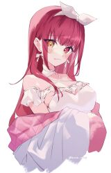 Rule 34 | 1girl, bare shoulders, blush, breasts, cleavage, dress, hair ribbon, heterochromia, highres, hololive, houshou marine, houshou marine (8th costume), jacket, large breasts, noon 0079, off shoulder, red eyes, red hair, ribbon, simple background, solo, upper body, virtual youtuber, white background, white dress, white jacket, white ribbon, yellow eyes