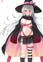 Rule 34 | 1girl, @ @, absurdres, asymmetrical legwear, ayachi nene, belt, belt bra, belt collar, black cloak, black footwear, black hat, black skirt, blush, bow, breasts, cleavage, cloak, collar, commentary, curvy, embarrassed, eyelashes, eyes visible through hair, feet out of frame, floating hair, grey hair, groin, hair between eyes, hair ribbon, hat, hat bow, highres, jewelry, large breasts, long hair, looking at viewer, miniskirt, mismatched legwear, navel, necklace, nose blush, open mouth, pink belt, pink bow, pleated skirt, purple eyes, purunyara, ribbon, sanoba witch, scarf, sidelocks, simple background, single thighhigh, skindentation, skirt, sleeves past wrists, socks, solo, standing, star (symbol), stomach, striped clothes, striped thighhighs, sweat, thighhighs, very long hair, wavy mouth, white background, white socks, wide sleeves, witch hat, yellow ribbon