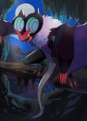 Rule 34 | branch, creatures (company), fangs, game freak, gen 6 pokemon, highres, looking down, moon, mo~zu, night, nintendo, no humans, noivern, open mouth, outdoors, pokemon, pokemon (creature), sky, solo, standing, symbol-only commentary, tongue, yellow eyes