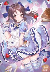 Rule 34 | 1girl, :o, alice (alice in wonderland), alice (alice in wonderland) (cosplay), alice in wonderland, anoa, apron, blue bow, blue dress, blue footwear, blush, book, bottle, bow, brown eyes, brown hair, card, club (shape), commentary request, cosplay, cup, dress, drink me, eat me, food, frilled bow, frills, fruit, hair bow, hand up, heart, high heels, highres, idolmaster, idolmaster cinderella girls, idolmaster cinderella girls starlight stage, long hair, looking at viewer, parted lips, plaid, plaid bow, playing card, puffy short sleeves, puffy sleeves, saucer, shoes, short sleeves, solo, spade (shape), strawberry, striped clothes, striped thighhighs, tachibana arisu, teacup, thighhighs, waist apron, white apron, wrist cuffs