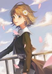 Rule 34 | 1boy, absurdres, artist name, black ribbon, blush, brown eyes, brown hair, brown skirt, cloud, commentary request, crossdressing, danganronpa: trigger happy havoc, danganronpa (series), dated, flower, from side, fujisaki chihiro, green jacket, hair flower, hair ornament, highres, jacket, long skirt, long sleeves, looking at viewer, male focus, mikou (mikou minnow), neck ribbon, open mouth, outdoors, petals, pleated skirt, railing, ribbon, shirt, shirt tucked in, short hair, skirt, smile, solo, trap, white flower, white shirt