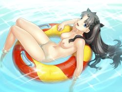 Rule 34 | 00s, 1girl, bow, breasts, fate/stay night, fate (series), innertube, long hair, nude, pussy, solo, swim ring, tohsaka rin, twintails, type-moon, uncensored, water, wet