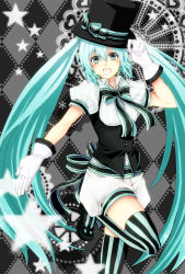 Rule 34 | 1girl, :d, aqua eyes, aqua hair, argyle, argyle background, argyle clothes, bow, bowtie, gloves, hat, hat tip, hatsune miku, highres, kanade (reveryearth), long hair, open mouth, puffy sleeves, revery earth, ribbon, smile, solo, standing, standing on one leg, striped clothes, striped thighhighs, thighhighs, top hat, twintails, vertical-striped clothes, vertical-striped thighhighs, very long hair, vocaloid, white gloves