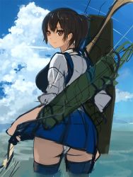 Rule 34 | 10s, 1girl, ass, black thighhighs, bow (weapon), breasts, brown eyes, brown hair, clothes lift, cloud, day, kaga (kancolle), kantai collection, large breasts, muneate, panties, ponytail, pupps, quiver, short hair, sketch, skirt, skirt lift, solo, tasuki, thighhighs, underwear, unfinished, upskirt, water, weapon, white panties
