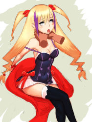 Rule 34 | 00s, 1girl, asphyxiation, blonde hair, breasts, disembodied limb, dragonaut, jacqueline baumgold, long hair, multicolored hair, rolling eyes, sitting, skirt, strangling, thighhighs, tongue, tongue out, twintails, two-tone hair