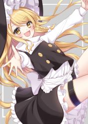 Rule 34 | 1girl, :d, absurdres, apron, bad id, bad pixiv id, black hat, black skirt, black vest, blonde hair, blush, bow, braid, commentary request, cowboy shot, fang, frilled apron, frills, grey background, hair bow, hat, highres, kirisame marisa, long hair, long sleeves, looking at viewer, miniskirt, open mouth, outside border, outstretched arms, petticoat, shinonome asu, shirt, simple background, single braid, skirt, skirt set, smile, solo, thigh strap, thighs, touhou, vest, waist apron, white apron, white bow, white shirt, witch hat, yellow eyes