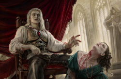 Rule 34 | 1boy, 1girl, armor, black pants, black sclera, blood, blood on face, blood on hands, breastplate, brown hair, chair, colored sclera, corpse, dress, green dress, hannah elizabeth, highres, indoors, jewelry, long hair, looking at viewer, necklace, on chair, original, pants, shirt, sitting, vampire, white eyes, white hair, white shirt