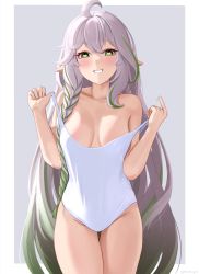 Rule 34 | 1girl, :d, absurdly long hair, ahoge, bare shoulders, blush, braid, breasts, cleavage, collarbone, commentary request, genshin impact, gradient hair, green eyes, grey hair, hair between eyes, heart, heart-shaped pupils, highres, leotard, long hair, looking at viewer, medium breasts, mockingeu, multicolored hair, open mouth, pointy ears, rukkhadevata (genshin impact), sidelocks, simple background, single braid, sleeveless, smile, solo, standing, symbol-shaped pupils, undressing, very long hair, white leotard