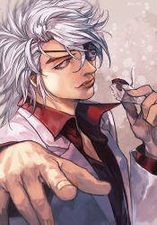 Rule 34 | 1boy, eyepatch, food, grey hair, hair over one eye, holding, holding food, hungry clicker, jacket, long sleeves, looking at viewer, madarame baku, male focus, one eye covered, parted lips, popped collar, red shirt, shirt, smile, solo, upper body, usogui, white jacket