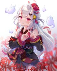 Rule 34 | 1girl, absurdres, bell, black kimono, cowboy shot, flower, frilled sleeves, frills, hair bell, hair ornament, highres, hitodama, hololive, horns, index fingers together, japanese clothes, jingle bell, karma (nakiri ayame), kimono, long sleeves, looking at viewer, mask, mask on head, multicolored hair, nail polish, nakiri ayame, nakiri ayame (1st costume), off shoulder, oni mask, pi tayuko, red eyes, red flower, red hair, red nails, shiranui (nakiri ayame), silver hair, skin-covered horns, solo, spider lily, standing, streaked hair, virtual youtuber