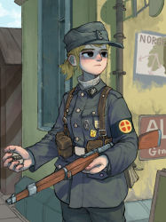 Rule 34 | 1girl, absurdres, ammunition pouch, armband, belt, black armband, blonde hair, collared jacket, commentary, counter, english commentary, grey hat, gun, hat, highres, holding, holding gun, holding weapon, jacket, load bearing equipment, military, military hat, military jacket, military uniform, norway, original, ponytail, pouch, rifle, rifleman1130, soldier, solo, uniform, weapon, world war ii