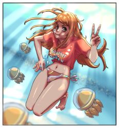 Rule 34 | 1girl, alternate costume, bare legs, barefoot, bikini, breasts, bubble, cheek bulge, closed mouth, clothes writing, collarbone, feet, female focus, full body, highres, jellyfish, long hair, looking at viewer, medium breasts, midriff, muffinproject, multicolored bikini, multicolored clothes, nami (one piece), navel, official alternate costume, one piece, orange eyes, orange hair, orange shirt, shiny skin, shirt, short sleeves, side-tie bikini bottom, smile, solo, swimsuit, thighs, toes, underwater, underwear, v, wide hips