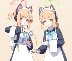 Rule 34 | 2girls, apron, black jacket, black tea, blonde hair, blue archive, closed mouth, cup, green eyes, green halo, halo, highres, holding, jacket, long sleeves, maid, maid apron, maid headdress, midori (blue archive), midori (maid) (blue archive), momoi (blue archive), momoi (maid) (blue archive), multiple girls, official alternate costume, pink halo, red eyes, short hair, siblings, sisters, siu hing5262, smile, tea, twins, white apron