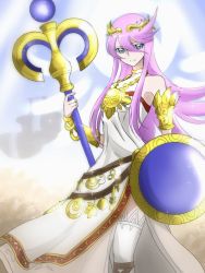 Rule 34 | 1girl, bare shoulders, blue eyes, commentary request, cosplay, crossover, cure moonlight, dress, eyelashes, happy, heartcatch precure!, highres, hisakawa aya, jewelry, kid icarus, long hair, looking at viewer, lots of jewelry, magical girl, nintendo, palutena, palutena (cosplay), pink hair, precure, revision, voice actor connection, shield, smile, solo, standing, super silhouette (heartcatch precure!), thighhighs, tsukikage oyama, tsukikage yuri
