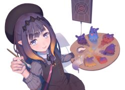 Rule 34 | 1girl, art brush, beret, black dress, black hat, black ribbon, blue eyes, blunt bangs, blush, center-flap bangs, collared shirt, cucumbear073, dress, fang, flat chest, hat, headpiece, highres, holding, holding brush, hololive, hololive english, long hair, long sleeves, looking at viewer, mole, mole under eye, multicolored hair, neck ribbon, ninomae ina&#039;nis, ninomae ina&#039;nis (casual), official alternate costume, orange hair, paintbrush, palette (object), pinafore dress, pinstripe pattern, pinstripe shirt, pleated dress, pointy ears, puffy long sleeves, puffy sleeves, purple hair, ribbon, shadow, shirt, sidelocks, sleeveless, sleeveless dress, smile, solo, straight hair, striped clothes, takodachi (ninomae ina&#039;nis), tentacle hair, upper body, vertical-striped clothes, very long hair, virtual youtuber, white background