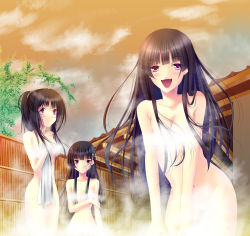 Rule 34 | 10s, 3girls, bad id, bad pixiv id, black hair, blunt bangs, censored, chitanda eru, color connection, completely nude, convenient censoring, ghost, highres, hyouka, kanoe yuuko, long hair, look-alike, looking at viewer, multiple girls, nude, onsen, ponytail, purple eyes, sanka rea, sankarea, season connection, steam, steam censor, tasogare otome x amnesia, toshi (1-147), towel, trait connection, zombie