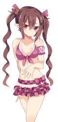 Rule 34 | 1girl, absurdres, arm behind back, armband, bare shoulders, bikini, bikini skirt, blush, brown hair, collarbone, cowboy shot, front-tie bikini top, front-tie top, hair between eyes, hair ornament, hand on own stomach, highres, himekaidou hatate, long hair, looking at viewer, maturiuta sorato, pointy ears, purple bikini, red eyes, simple background, solo, swimsuit, touhou, twintails, white background
