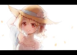 Rule 34 | 1girl, alternate costume, alternate hairstyle, alternate headwear, arm behind head, arm up, armpit peek, bare shoulders, blonde hair, blue jacket, braid, chilia012, collarbone, commentary request, daisy, dress, flower, grin, hair ribbon, hat, hat flower, hat ribbon, highres, jacket, letterboxed, looking at viewer, off shoulder, petals, pink dress, red eyes, ribbon, rumia, see-through, short hair, simple background, single braid, sketch, smile, solo, straw hat, sundress, touhou, upper body, white background