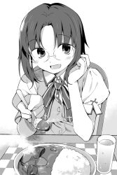Rule 34 | 1girl, :d, alternate costume, blush, bow, bowtie, ciel (tsukihime), collared shirt, curry, curry rice, food, glass, glasses, greyscale, hanabana tsubomi, hand up, highres, holding, holding spoon, incoming food, looking at viewer, monochrome, open mouth, placemat, plate, rice, shirt, short hair, short sleeves, simple background, sitting, smile, solo, spoon, tsukihime, upper body, vest