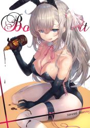 Rule 34 | 1girl, :p, absurdres, bare shoulders, black gloves, blue eyes, bottle, breasts, chocolate, chocolate syrup, cleavage, collarbone, elbow gloves, english text, gloves, grey hair, hair between eyes, hair ribbon, highres, holding, holding bottle, large breasts, leotard, long hair, looking at viewer, original, pantyhose, pink neckwear, pink ribbon, playboy bunny, rangen, ribbon, scan, simple background, sitting, solo, tongue, tongue out, white background, white pantyhose, white ribbon