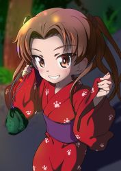 Rule 34 | 10s, 1girl, bag, black bow, blurry, blurry background, bow, brown eyes, brown hair, commentary, depth of field, girls und panzer, grin, hair bow, handbag, holding, holding bag, japanese clothes, kadotani anzu, kanau, kimono, long hair, long sleeves, looking at viewer, night, obi, parted bangs, paw print, print kimono, red kimono, sash, smile, solo, standing, twintails, w arms, wide sleeves