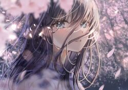 Rule 34 | 1girl, blurry, cherry blossoms, close-up, crying, depth of field, falling petals, grey eyes, hair between eyes, highres, long hair, looking at viewer, original, parted lips, petals, portrait, sakura (39ra), solo, tears