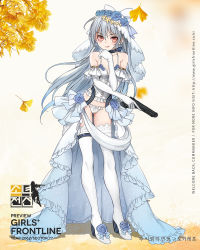 Rule 34 | 1girl, :q, blue dress, blue flower, blue rose, blush, boots, brown eyes, character name, closed mouth, collarbone, copyright name, corset, dress, elbow gloves, flower, full body, ginkgo leaf, ginkgo tree, girls&#039; frontline, gloves, gun, haijin, hair between eyes, hand up, handgun, high heel boots, high heels, highres, holding, holding gun, holding weapon, lace, lace-trimmed legwear, lace trim, leaf, lingerie, long hair, looking at viewer, official alternate costume, official art, panties, pistol, rose, shadow, silver hair, smile, solo, thigh boots, thighhighs, tokarev (a couple&#039;s journey) (girls&#039; frontline), tokarev (girls&#039; frontline), tongue, tongue out, trigger discipline, underwear, veil, very long hair, weapon, white gloves, white panties