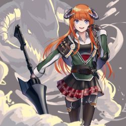 Rule 34 | 1girl, :d, arknights, bagpipe (arknights), black footwear, black gloves, boots, commentary, gloves, green jacket, hand up, holding, holding lance, holding polearm, holding weapon, horns, jacket, kmrk, lance, long hair, long sleeves, looking at viewer, miniskirt, open mouth, orange hair, plaid, plaid skirt, pleated skirt, polearm, purple eyes, red skirt, skirt, smile, solo, thigh boots, thighhighs, thighs, very long hair, weapon, wing collar