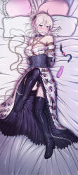 Rule 34 | 10s, 1girl, alisa ilinichina amiella, arms behind back, bdsm, bed sheet, blue eyes, blush, bondage, boots, bound, breasts, chain, cleavage, cleave gag, cloth gag, collar, cuffs, dakimakura (medium), female focus, frilled pillow, frills, full body, gag, gagged, gloves, god eater, god eater 2: rage burst, high heels, highres, improvised gag, japanese clothes, kimono, large breasts, leash, long hair, looking at viewer, lying, on back, on bed, panties, pillow, reptileye, rope, sex toy, shackles, shibari, smile, solo, thigh boots, thighhighs, underwear, vibrator, white hair