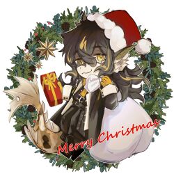 Rule 34 | arknights, be3al2si6o18 p, chibi, christmas, dragon, eyewear strap, fins, fish, fish tail, furry, furry male, gift, hat, highres, holding, holding gift, holding sack, lee (arknights), long hair, looking at viewer, male focus, merry christmas, mistletoe, multicolored hair, round eyewear, sack, santa hat, solo, solo focus, tail, yellow eyes