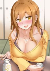 Rule 34 | 1girl, :d, aged up, black bra, blush, bra, breast lift, breasts, brown hair, choko (cup), cleavage, collarbone, commentary request, cup, drunk, earrings, highres, holding, holding cup, indoors, jewelry, kibihimi, kunikida hanamaru, large breasts, long hair, long sleeves, looking at viewer, love live!, love live! sunshine!!, nail polish, necklace, nose blush, off shoulder, open mouth, saliva, shirt, sidelocks, single bare shoulder, smile, solo, table, tatami, tokkuri, underwear, upper body, yellow eyes, yellow nails, yellow shirt