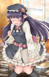Rule 34 | 10s, 1girl, belt, black socks, blunt bangs, blush, book, buttons, dress, eyepatch, granblue fantasy, harvin, hat, highres, holding, holding book, kneehighs, knees together feet apart, long hair, long sleeves, looking at viewer, lunalu (granblue fantasy), medical eyepatch, open mouth, pointy ears, purple eyes, purple hair, ribbon, shirt, sleeveless, sleeveless dress, socks, solo, valiant1227, white shirt, wide sleeves, window