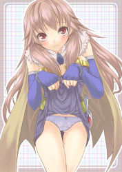 Rule 34 | 1girl, alchemist (ragnarok online), blue dress, blue gloves, blush, breasts, brown cape, cape, closed mouth, commentary request, cowboy shot, dress, elbow gloves, fingerless gloves, gloves, gluteal fold, hair between eyes, lifting own clothes, long hair, looking at viewer, medium breasts, nueco, panties, plaid, plaid background, potion, ragnarok online, short dress, solo, strapless, strapless dress, underwear, white panties