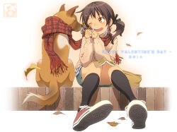Rule 34 | 10s, 1girl, 2014, blush, brown eyes, brown hair, chocolate, converse, dog, hair ornament, hairclip, happy, happy valentine, one eye closed, original, pairan, plaid, plaid scarf, red scarf, scarf, shared clothes, shared scarf, shoes, sitting, skirt, sneakers, socks, solo, sweater, twintails, valentine, white background, wink