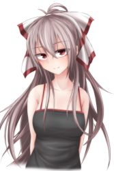 Rule 34 | 1girl, arms behind back, bare shoulders, bow, camisole, contemporary, fujiwara no mokou, grey hair, hair between eyes, hair bow, head tilt, kuroba rapid, long hair, looking at viewer, red eyes, simple background, smile, solo, touhou, tsurime, upper body, white background