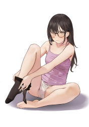Rule 34 | 1girl, bare legs, bare shoulders, barefoot, blush, breasts, brown eyes, camisole, cancer (zjcconan), collarbone, dressing, feet, glasses, heels, highres, long hair, looking at viewer, panties, pantyhose, sitting, small breasts, tagme, toes, underwear, undressing, white background