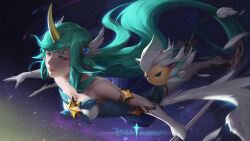 Rule 34 | 1girl, absurdres, animal ears, aqua eyes, aqua hair, artist name, bare shoulders, blue skirt, breasts, closed mouth, english text, feathered wings, feathers, flying, gloves, highres, holding, holding staff, holding weapon, horns, league of legends, long hair, magical girl, night, night sky, official alternate costume, official alternate hairstyle, outdoors, pierolodovicoa, pointy ears, single horn, skirt, sky, small breasts, soraka (league of legends), staff, star guardian (league of legends), star guardian pet, star guardian soraka, thighhighs, very long hair, weapon, white gloves, wings