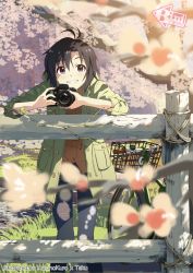 Rule 34 | 1girl, :d, aiming, aiming at viewer, artist name, basket, bicycle, black hair, blue eyes, blurry, branch, buttons, camera, cherry blossoms, coat, collaboration, depth of field, fence, grin, highres, holding, holding camera, idolmaster, idolmaster (classic), kikuchi makoto, kurono kuro, looking at viewer, open clothes, open coat, open mouth, outdoors, pants, patch, short hair, smile, solo, standing, stream, taku1122, water, watermark, wooden fence