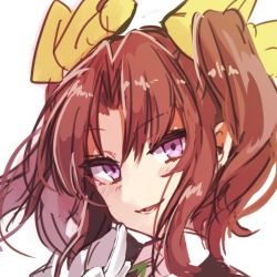 Rule 34 | 10s, 1girl, ahoge, blush, brown hair, close-up, gloves, green ribbon, hair ribbon, kagerou (kancolle), kantai collection, looking at viewer, open mouth, purple eyes, ribbon, simple background, smile, solo, takeshima eku, teeth, twintails, white background, white gloves, yellow ribbon