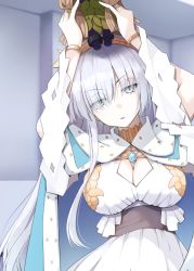 Rule 34 | 1girl, anastasia (fate), arms up, blue cloak, blue eyes, bracelet, breasts, brooch, cleavage, cloak, doll, dress, eyes visible through hair, fate/grand order, fate (series), fur trim, hair over one eye, hairband, holding, holding doll, jewelry, kurikara, large breasts, long hair, looking at viewer, open mouth, royal robe, silver hair, solo, viy (fate), white dress