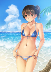 Rule 34 | 10s, 1girl, absurdres, areola slip, backlighting, beach, bikini, blue bikini, blue sky, blush, branch, breasts, brown eyes, brown hair, cleavage, cloud, collarbone, cowboy shot, day, female focus, front-tie bikini top, front-tie top, gradient background, groin, highres, jakelian, kaga (kancolle), kantai collection, large breasts, long hair, looking at viewer, navel, outdoors, revealing clothes, side ponytail, sky, solo, swimsuit, swimsuit tug, thigh gap
