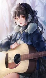 Rule 34 | 1girl, :d, absurdres, bench, blue bow, blue bowtie, blue coat, bow, bowtie, brown eyes, brown hair, coat, collared shirt, diagonal-striped bow, diagonal-striped bowtie, diagonal-striped clothes, dress shirt, grey skirt, guitar, highres, instrument, long hair, long sleeves, miniskirt, nagul, open clothes, open coat, open mouth, original, outdoors, pleated skirt, school uniform, shirt, sitting, skirt, smile, snow, solo, striped clothes, turtleneck, white shirt, wing collar, winter