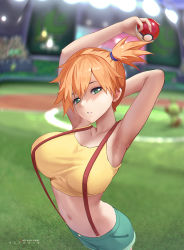 Rule 34 | 1girl, aged up, alternate breast size, arm behind head, armpits, arms up, aztodio, blouse, blurry, blush, breasts, collarbone, creatures (company), depth of field, game freak, green eyes, highres, large breasts, long hair, misty (pokemon), navel, nintendo, orange hair, poke ball, pokemon, pokemon (anime), pokemon (classic anime), pokemon (creature), shirt, shorts, side ponytail, sleeveless, sleeveless shirt, solo, suspenders, yellow shirt