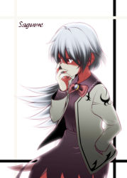Rule 34 | 1girl, bow, bowtie, character name, dress, hand in pocket, hand on own face, jacket, kishin sagume, red eyes, satou yuuki, short hair, silver hair, simple background, single wing, solo, touhou, white background, wings