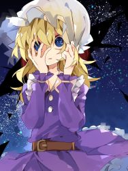 Rule 34 | 1girl, belt, belt buckle, blonde hair, blue eyes, brown belt, buckle, buttons, collared dress, commentary, crack, dress, eye reflection, frilled shirt collar, frills, gap (touhou), hair between eyes, hand on headwear, hand on own face, hat, highres, holding, holding hair, horrified, long hair, long sleeves, looking at viewer, maribel hearn, mob cap, nikorashi-ka, one-hour drawing challenge, open mouth, reflection, sky, smudge, solo, star (sky), starry sky, touhou, upper body, white hat