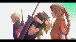 Rule 34 | 1girl, 2boys, aerith gainsborough, alteredbits, arm around shoulder, armor, artist name, black gloves, black hair, blonde hair, braid, braided ponytail, brown hair, buster sword, closed eyes, cloud strife, facing ahead, final fantasy, final fantasy vii, final fantasy vii remake, gloves, green eyes, hair ribbon, hair slicked back, head down, highres, holding another&#039;s wrist, jacket, long hair, multiple boys, parted bangs, parted lips, pink ribbon, red jacket, ribbon, short hair, short sleeves, shoulder armor, sidelocks, single braid, single shoulder pad, sleeveless, sleeveless turtleneck, spiked hair, suspenders, turtleneck, upper body, weapon, weapon on back, zack fair