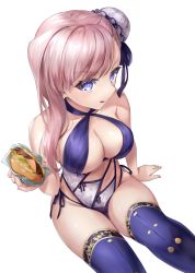 Rule 34 | 1girl, :q, absurdres, arm support, asymmetrical hair, bare shoulders, blue bow, blue eyes, blue one-piece swimsuit, blue ribbon, blue thighhighs, blurry, blurry background, blush, bow, bow swimsuit, breasts, bun cover, burger, buttons, casual one-piece swimsuit, cheese, cleavage, closed mouth, collarbone, commentary request, cowboy shot, criss-cross halter, depth of field, fate/grand order, fate (series), floral print, food, frills, from above, groin, hair bun, hair ribbon, halterneck, hand up, hane yuki, highleg, highleg swimsuit, highres, holding, holding food, large breasts, legs together, lettuce, light rays, light smile, long hair, looking at viewer, looking up, miyamoto musashi (fate), miyamoto musashi (fate/grand order), miyamoto musashi (swimsuit berserker) (fate), miyamoto musashi (swimsuit berserker) (third ascension) (fate), multicolored clothes, multicolored swimsuit, o-ring, o-ring swimsuit, one-piece swimsuit, partial commentary, pillarboxed, print swimsuit, print thighhighs, ribbon, side-tie swimsuit, side bun, sidelocks, silver hair, simple background, single side bun, single sidelock, sitting, solo, swept bangs, swimsuit, thigh gap, thighhighs, thighs, tomato, tongue, tongue out, white background, white one-piece swimsuit, wrapper